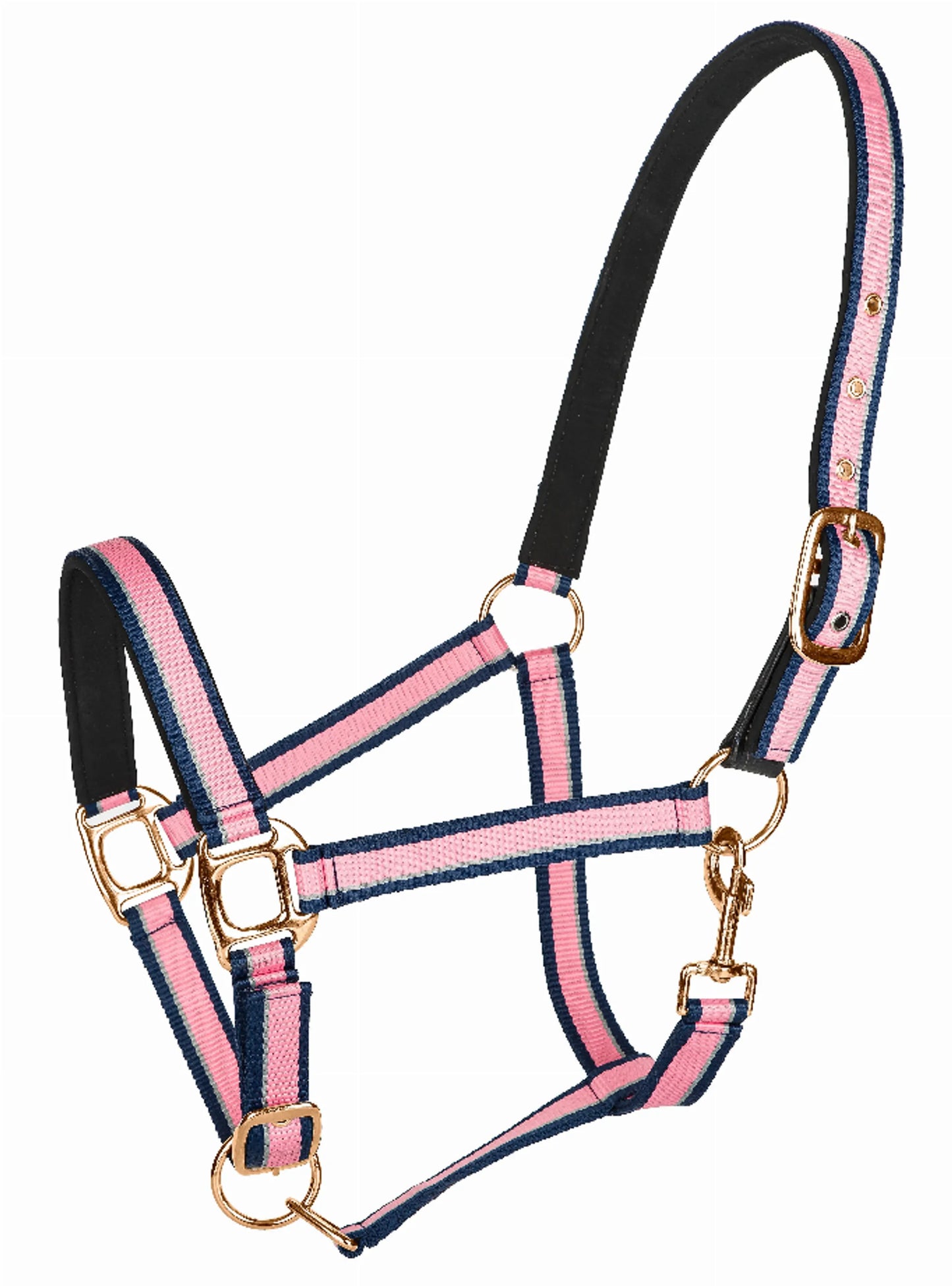 TuffRider Adjustable Nylon Breakaway Halter with Padded Crown and Rose Gold Hardware- Hot Pink/Navy/Gray