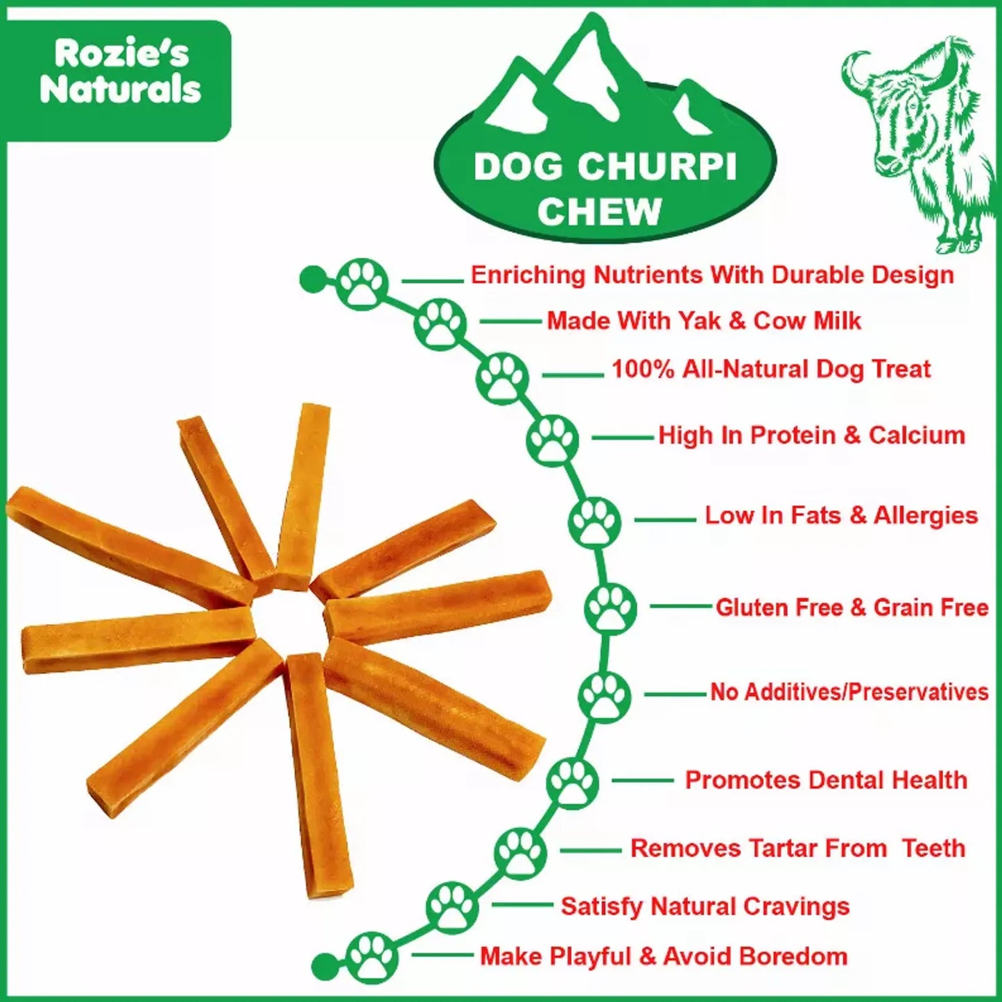 DOG CHURPI CHEW- 100% Natural, Himalayan Hard Yak Cheese Churpi Dog Chew Treats, Grain-Free, Gluten-Free, Dental Chews, 4 COUNT-15 oz