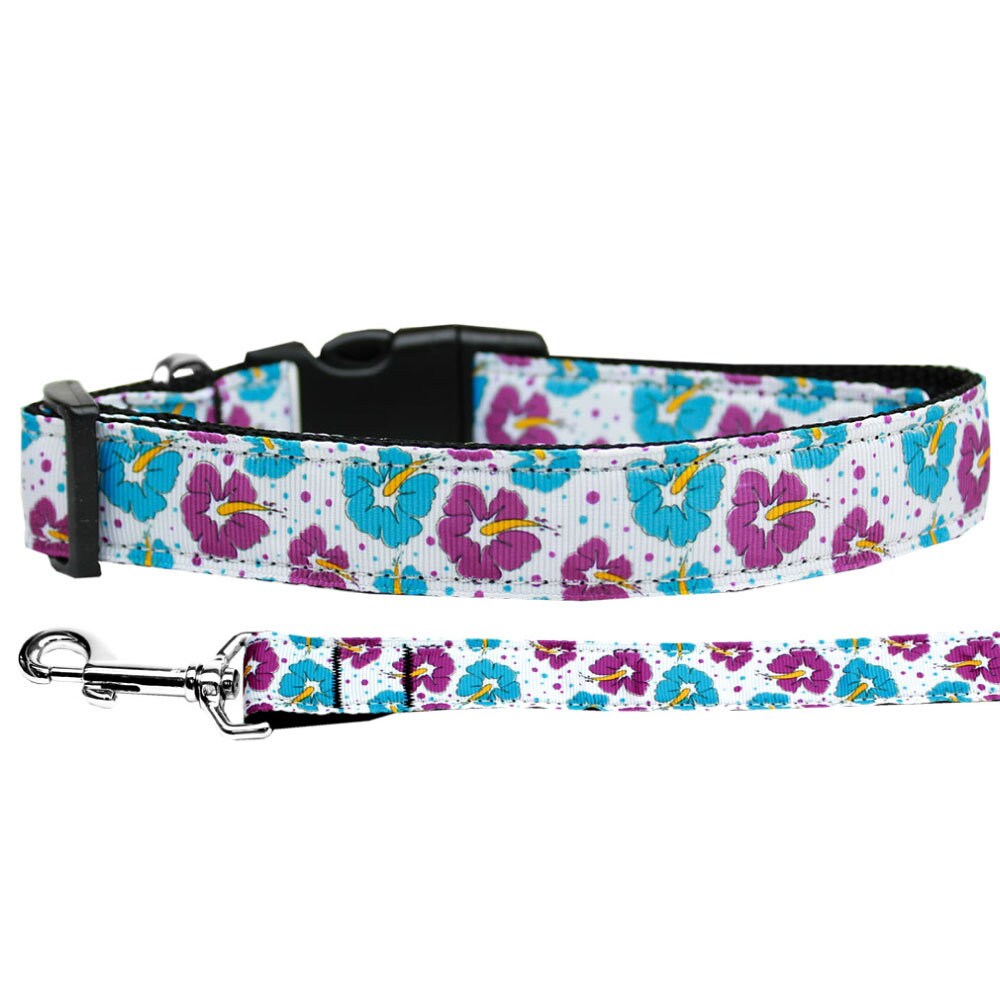 Pet Dog and Cat Nylon Collar or Leash, "Blue & Purple Hibiscus Flowers"