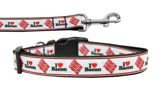 Pet Dog & Cat Nylon Collar or Leash, "I Love Bacon"